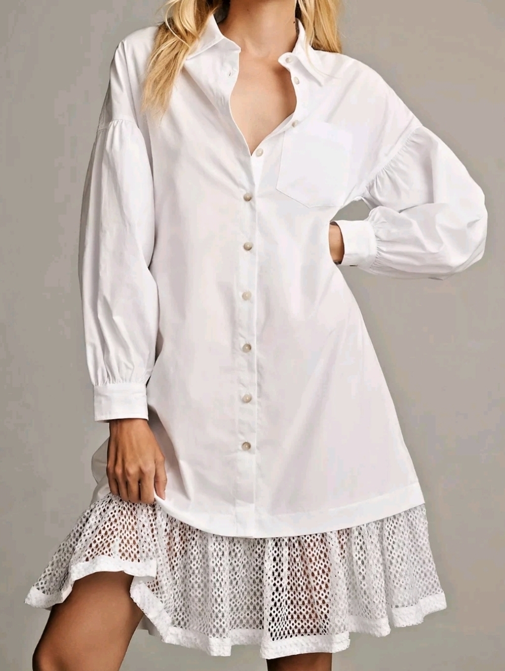 ANTHROPOLOGIE MAEVE LACE HEM SMOCK SHIRT DRESS WHITE POPLIN LP PETITE M